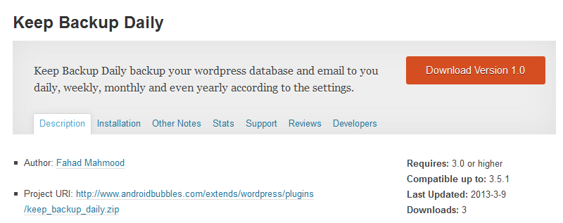 WordPress Plugin Keep Backup Daily
